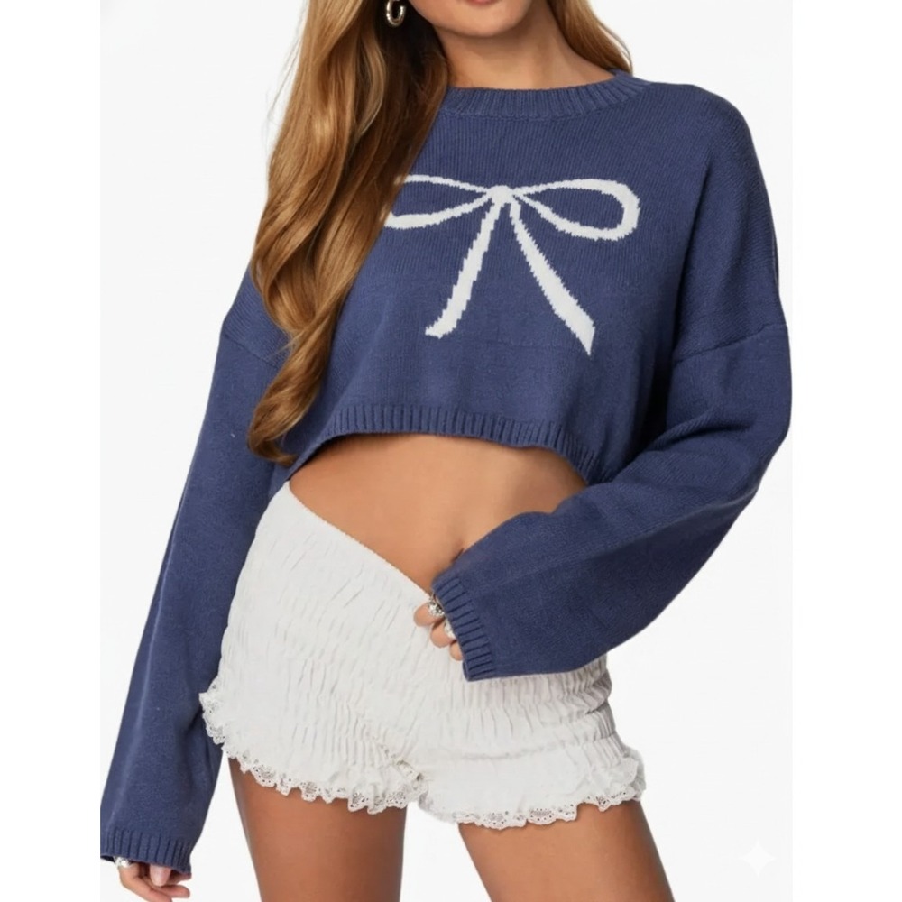 Edikted Bow Crop Sweater Knit Cropped Soft Blue M/L Medium Large Long Sleeve